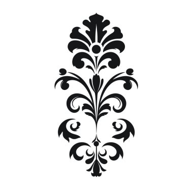 Eğri büğrü çiçek şekilleriyle simetrik bir damaske deseni gösterilir. Süslü tasarım beyaz arkaplanda siyah, kıvrımlarla detaylandırılmış..