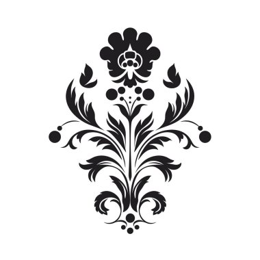 Siyahla biçimlendirilmiş bir çiçekli arabesk deseni beyaz bir arkaplan üzerine kuruludur. Kalıpta yapraklar, bukleler, noktalar ve çiçekler var..