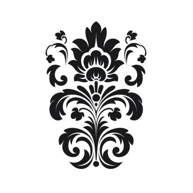 Siyah ve beyaz çizimler, tomarlı ve yaprak şekilli detaylı, simetrik bir çiçek tasarımı gösteriyor. Şablonun klasik, dekoratif bir çekiciliği var..