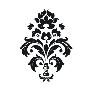 Çiçek tasarımı beyaz arka planda simetrik şekil gösteriyor. Çiçekleri ve siyah yaprakları var..