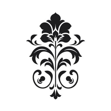 Siyah renkte dekoratif bir kumaş deseni beyaz arkaplanda sergilenir. Özenle hazırlanmış çiçek ve kaydırma elementleri içeriyor..