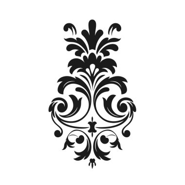 Çiçeksel ve kıvrımlı yaprak şeklindeki karışık siyah damaske deseni beyaz bir arkaplanda göze çarpıyor. Bu simetrik bir tasarım..