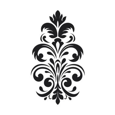 Dekoratif girdaplar ve gelişmeler içeren siyah bir tasarım öğesi. Simetrik dizaynın özenle hazırlanmış bir çiçek deseni var..