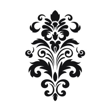 Simetrik bir tasarım, siyah renkli, dalgalı, kıvrımlı, çiçekli bir kumaş tasarımı gösteriyor. Beyaz bir arkaplan üzerine kuruludur..