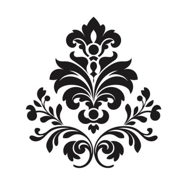 Süslü bir tasarım, siyah çiçekli, yapraklı ve beyaz arkaplanda parlak elementler barındırır. Tasarım simetrik ve zarif..