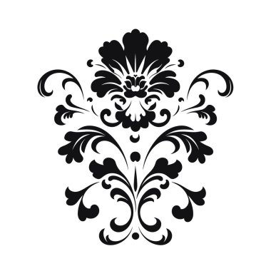 Simetrik siyah süslemeli parşömen tasarımı çiçek ve yapraklı elementler içerir. Temiz, parlak beyaz bir arkaplanda sergileniyor..