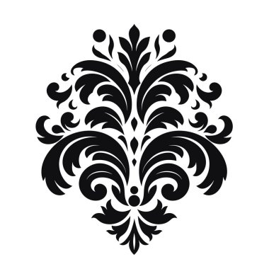 Simetrik tasarım, çiçek ve yaprak şekillerinin, beyaz arkaplanda siyah renkte tekrar eden, süslemeli desenleri göstermektedir..