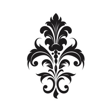 Akış eğrileri olan ayrıntılı bir siyah damaske tasarım elementi temiz, beyaz bir arkaplan üzerine kuruludur. Klasik, dekoratif bir süslemeye benziyor..