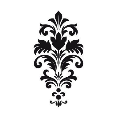 Süslü bir siyah çiçek desenli kumaş tasarımı beyaz arka planda sergilenir. Simetrik çiçek motifi zarif bir grafik oluşturur.