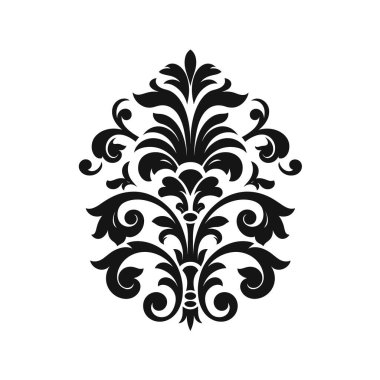 Yaprakları ve girdapları olan simetrik bir siyah damask elementi beyaz bir zemin üzerine kuruludur. Tasarımda bir çiçek motifi var..