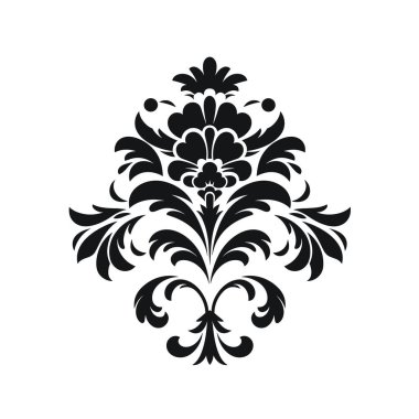 Simetrik bir süsleme deseni, süslemeye uygun, sade beyaz bir arkaplana siyah renkle çizilmiş, stilize edilmiş bir çiçek deseni gösterir..