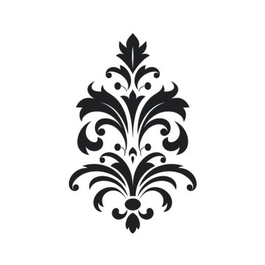 Çiçek motifleri ve kayan yapraklar içeren biçimlendirilmiş bir siyah damaske deseni düz beyaz arka plana göre ayarlanır.