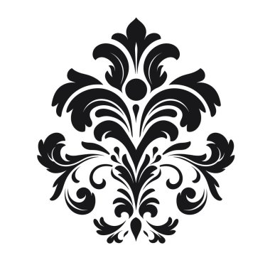 Zarif tasarım siyah çiçekli kumaş deseni içerir. Simetrik tasarım, düz beyaz bir arkaplanda izole edilmiştir..