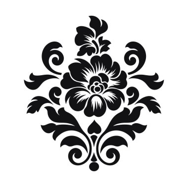Siyah çiçekli kumaş tasarımı, temiz beyaz bir arkaplanda simetrik olarak sıralanmış şekillendirilmiş çiçekler, yapraklar ve süslü girdaplar içerir..