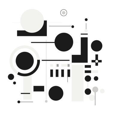 Siyah, beyaz ve gri geometrik şekiller birbirine bağlı çizgilerle bir araya gelerek, beyaz arkaplan üzerinde soyut ve minimalist bir tasarım oluştururlar..