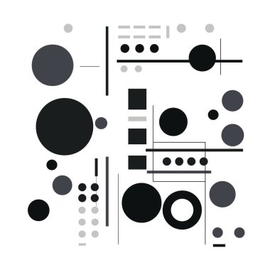 Kompozisyon siyah, gri ve beyaz geometrik şekillerin soyut bir tasarımını gösteriyor. Çemberler, kareler ve çizgiler arka planda bir kalıp oluşturur..