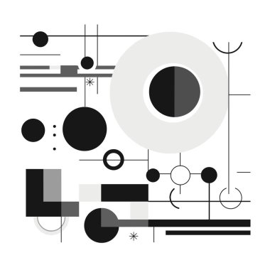 Soyut bir düzenleme daireler, kareler ve çizgiler dahil geometrik şekilleri gösterir.