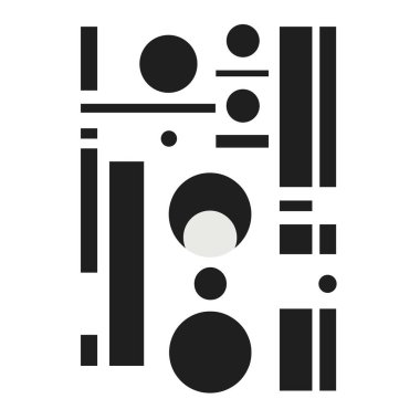 Beyaz arka planda çeşitli siyah daireler ve dikdörtgenler düzenlenmiştir. Daha büyük siyah bir çemberin içinde tek bir beyaz daire belirir..