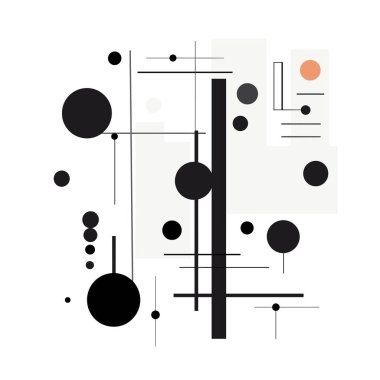 Soyut bir tasarım siyah daireler, noktalar ve beyaz bir arkaplanda sıralanmış çizgiler içerir. Dikdörtgen biçimsiz beyaz şekiller katmanlar oluşturur.