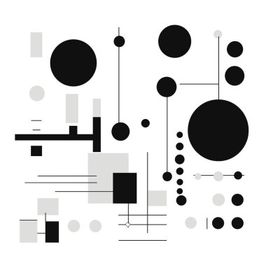 Çemberler, kareler ve çeşitli boyut ve renklerden oluşan dikdörtgenler beyaz arkaplanda soyut geometrik desen içinde düzenlenir..