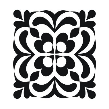 Kare şeklinde sunulan soyut çiçek deseni. Siyah ve beyaz tasarım karenin merkezinde simetriktir..