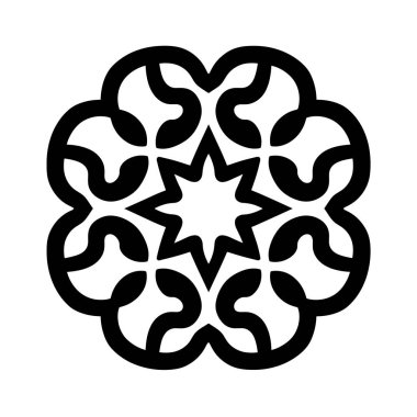 Şekillendirilmiş bir siyah çiçek şekli, merkezde beyaz bir arka plana yerleştirilir. Ortasında geometrik sekiz köşeli bir yıldız var..