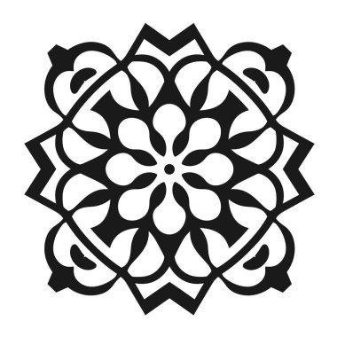 Bir kare çerçevenin içinde simetrik sekiz noktalı desenli karmaşık bir çiçek tasarımı. Kalıp eğri elementler ve geometrik şekiller içerir.