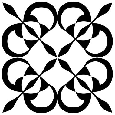 Simetrik bir desen gösterilir. Siyah yarı daireler ve elmas şekiller kullanır, beyaz arkaplanda tekrarlayan geometrik bir tasarım oluşturmak için düzenlenir..