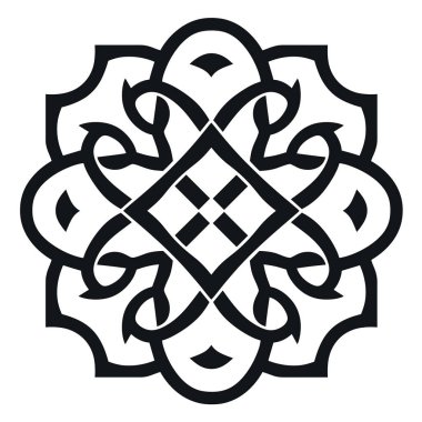 Karmaşık, simetrik bir tasarım gösterilir. İç içe geçmiş çizgiler ve geometrik şekiller içerir, çapraz desenli merkezi bir elmas da buna dahil..