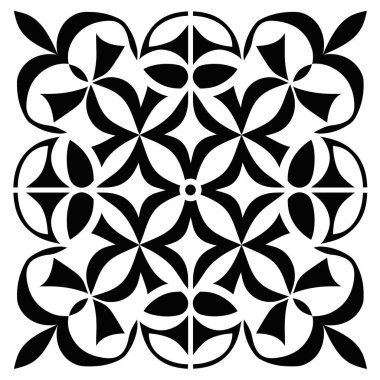 Simetrik bir desen, şekillendirilmiş çiçekleri ve siyah-beyaz soyut elementleri içerir. Tasarım kıvrımlı taç yaprakları ve geometrik şekilleri içerir..