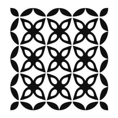 Bir ızgara desen siyah yarım daire motifler ile bağlı stilize dört yapraklı çiçek şekilleri gösterir, beyaz arka plan karşı set.