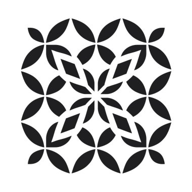 Kare tasarım, beyaz bir zemin üzerinde dört yapraklı çiçeklerin ve açısal elmasların yinelenen bir deseni içerir..