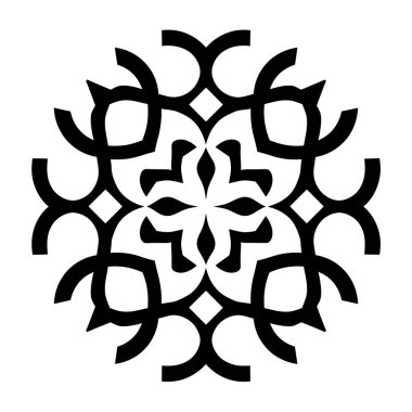 Merkezden beyaza doğru yayılan kıvrımlı ve keskin çizgileri olan simetrik soyut çiçek tasarımı.