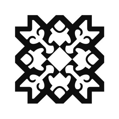 Bir dekoratif geometrik şekil gösterilir. Siyah ve beyaz renkli çiçek elementleri içeren kare bir tasarım..