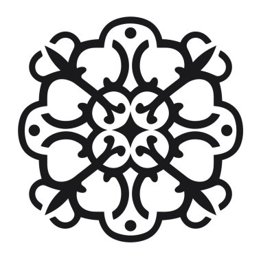 Siyah ve beyaz renk paletinde soyut çiçek ve kıvrımlı şekiller içeren simetrik bir Rosette grafik elementi..