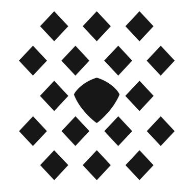 Siyah elmas şekilli bir desen merkezi, kıvrımlı kenarları olan belirgin siyah bir şekil oluşturur. Şekiller simetrik olarak düzenlenmiş..