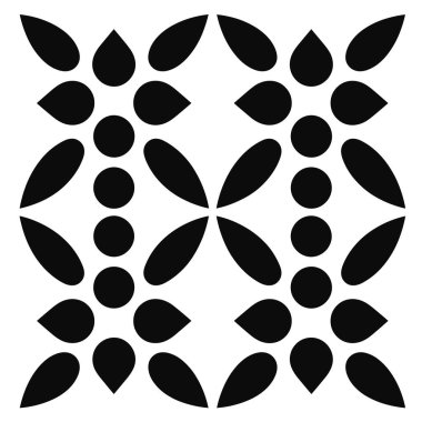 Simetrik kare desen: beyaz üzerinde siyah çiçek şekilleri ve daireler.