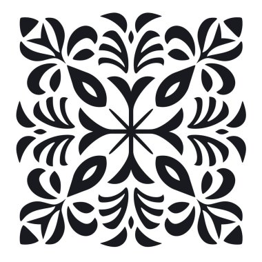 Basit bir geometrik süs siyah ve beyaz simetrik çiçek elementlerini gösterir. Tasarım yuvarlak şekilli kare desen yaratıyor..