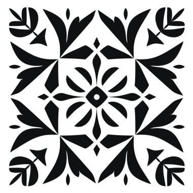 Meydanda simetrik çiçek dekoru. Siyah ve beyaz renkli yaprak, taç yaprakları ve geometrik şekillerle tekrarlanan bir desen gösterir.