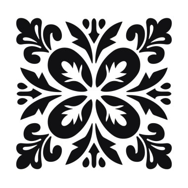 Beyaz zemin üzerinde siyah bir kare karo tasarımı. Kalıpta yaprakları ve stilize çiçekleri olan simetrik bir çiçek motifi var..