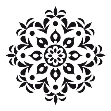 Simetrik bir çiçek motifi siyah şekiller ve beyaz arkaplanda daireler ile gösterilir. Şekillendirilmiş bir çiçek tasarımına benziyor..