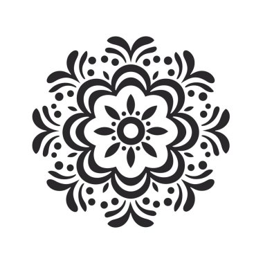 Karmaşık çiçekli mandala tasarımı siyah ve beyaz renklidir..