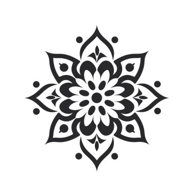 Beyaz arka planda siyah detaylarla simetrik bir çiçek tasarımı sergilenir. Merkezde yuvarlak taç yaprakları var..