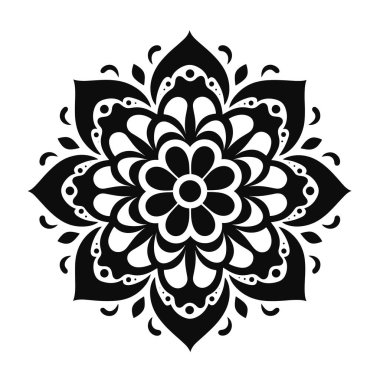 Birden fazla taç yaprağı katmanlı stilize bir çiçek sergilenir. Tasarım, büyük çiçek bileşenleri etrafında daha küçük dekoratif şekiller içerir..