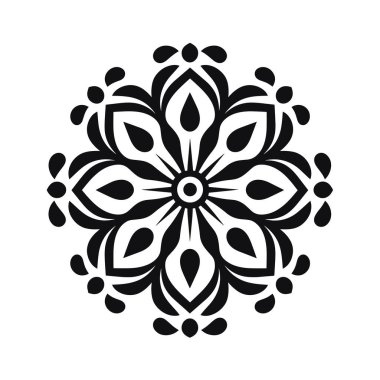 Siyah stilize edilmiş bir çiçek deseni, beyaz bir arka plan üzerine kuruludur. Tasarım tekrarlanan taç yapraklarıyla simetrik görünüyor..