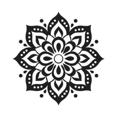 Simetrik tasarım, beyaz arka planda siyah desenli bir çiçek elementi gösteriyor. Tekrarlayan şekilleri ve nokta dekorasyonları var..