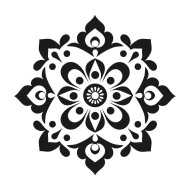 Dairesel ve gözyaşı damlası elementli soyut bir çiçek siyah ve beyaz merkezi bir noktadan simetrik olarak yayılır..