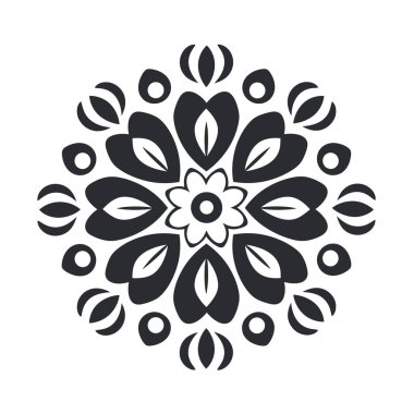 Simetrik bir dizayn, merkezde yapraklarla ve dairesel şekillerle çevrelenmiş ve tekrarlayan dairesel desenlerle çevrelenmiş bir çiçek içerir..