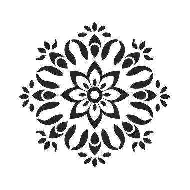 Geometrik çiçek deseni beyaz arkaplanda siyah yapraklar ve yapraklarla gösterilir. Grafik sanatının dairesel simetrisi var.