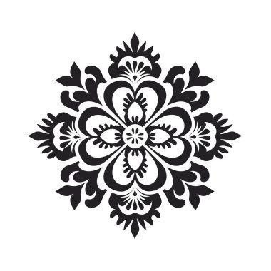 Süslü taç yaprakları ve yaprak şekilli ayrıntılı bir siyah çiçek tasarımı düz beyaz bir arkaplan üzerine kuruludur..